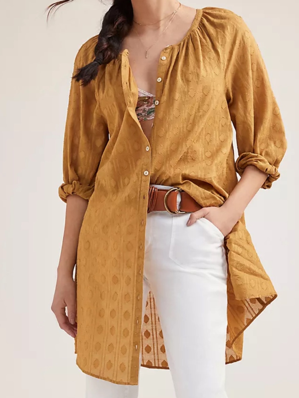 Anthropologie Florence Mini Button Up Dress / Long Tunic Gold Mustard Yellow
